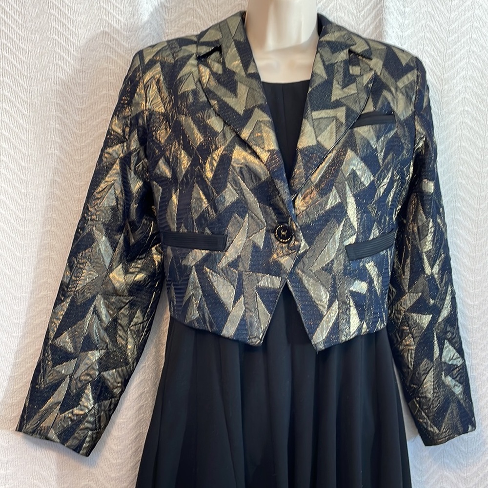 J&J Boutique Womens Gold Metallic Cropped Tuxedo Blazer Jacket-Black Shimmer